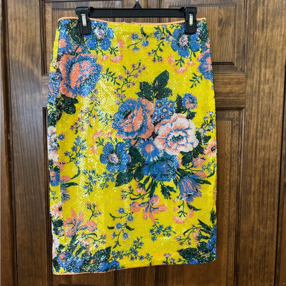 Diane Von Furstenberg Yellow Floral Sequin Pencil Skirt